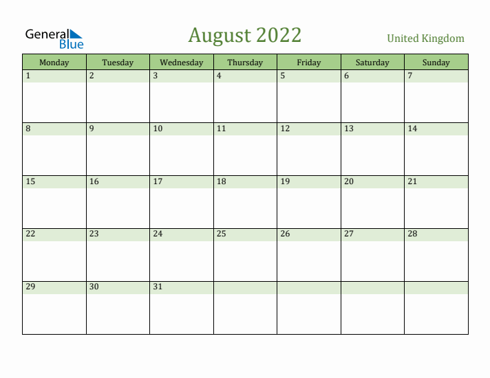 August 2022 Calendar with United Kingdom Holidays
