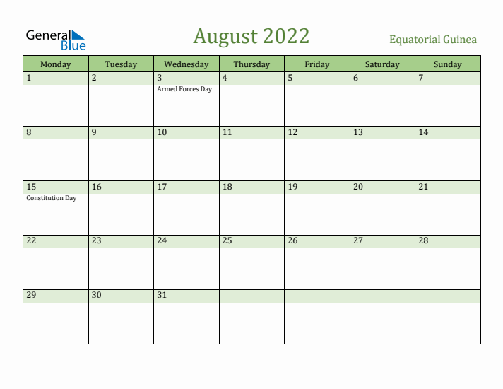 August 2022 Calendar with Equatorial Guinea Holidays