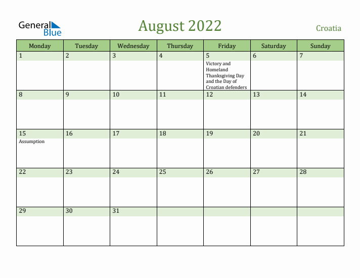 August 2022 Calendar with Croatia Holidays