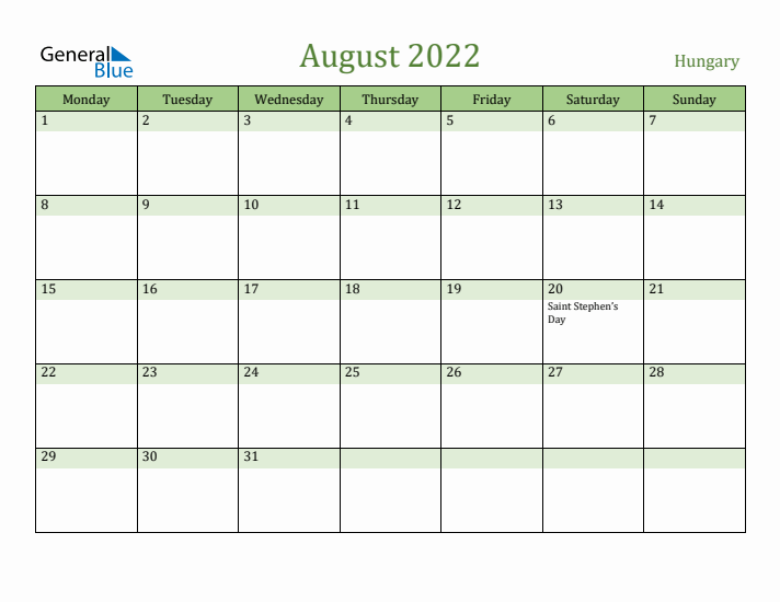 August 2022 Calendar with Hungary Holidays