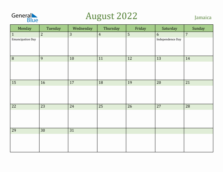 August 2022 Calendar with Jamaica Holidays