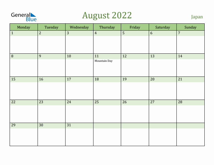 August 2022 Calendar with Japan Holidays