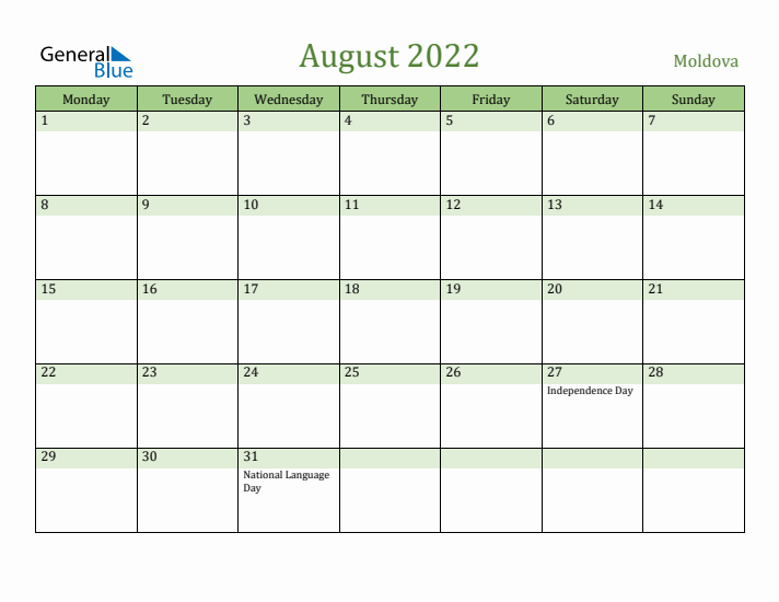 August 2022 Calendar with Moldova Holidays