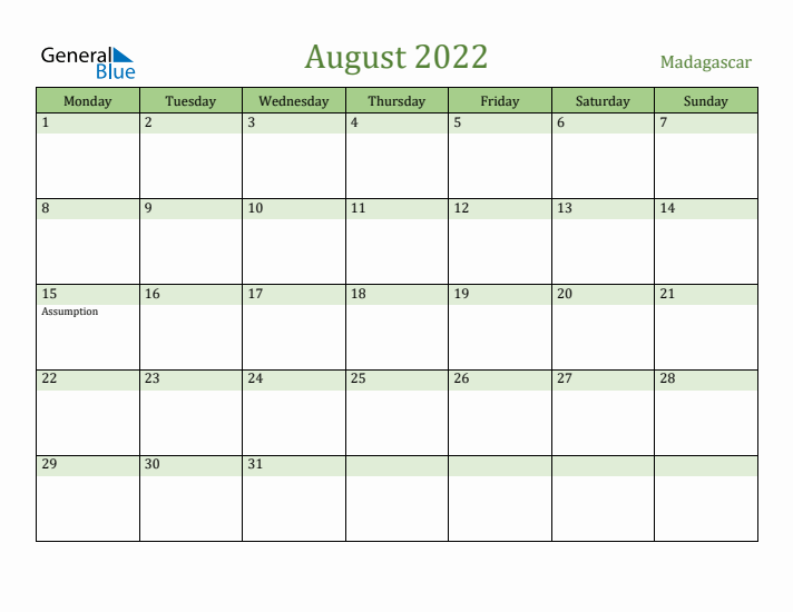 August 2022 Calendar with Madagascar Holidays