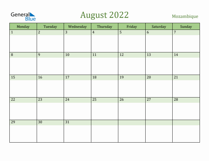 August 2022 Calendar with Mozambique Holidays