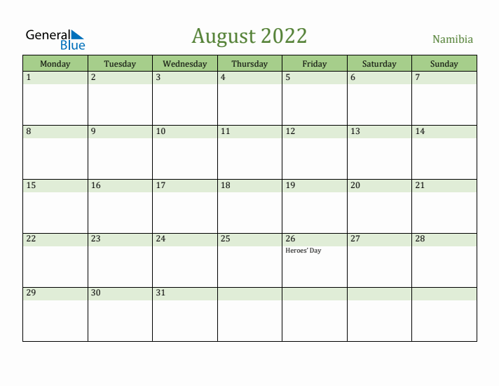 August 2022 Calendar with Namibia Holidays