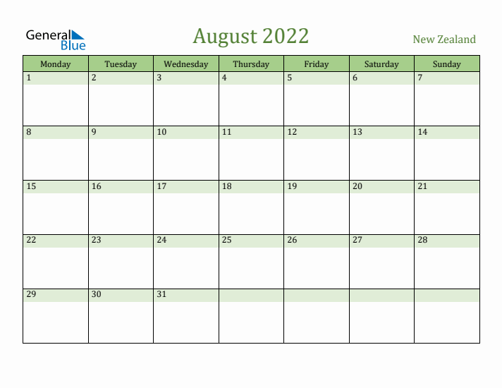 August 2022 Calendar with New Zealand Holidays