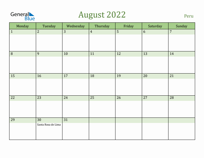 August 2022 Calendar with Peru Holidays