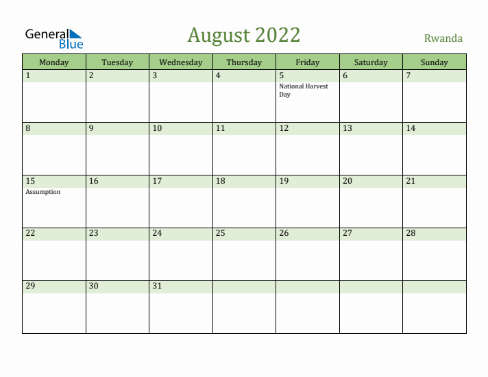 August 2022 Calendar with Rwanda Holidays