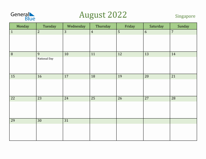 August 2022 Calendar with Singapore Holidays