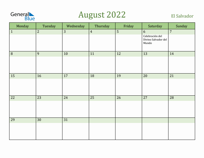 August 2022 Calendar with El Salvador Holidays