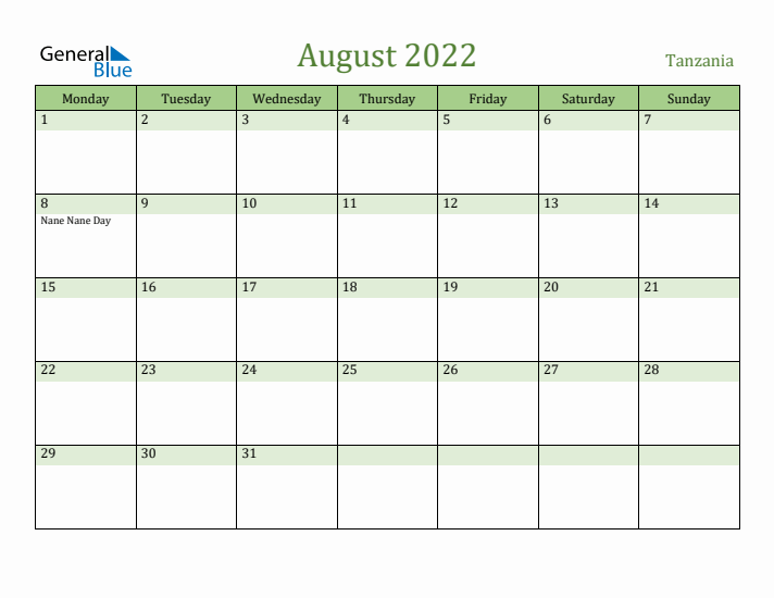 August 2022 Calendar with Tanzania Holidays