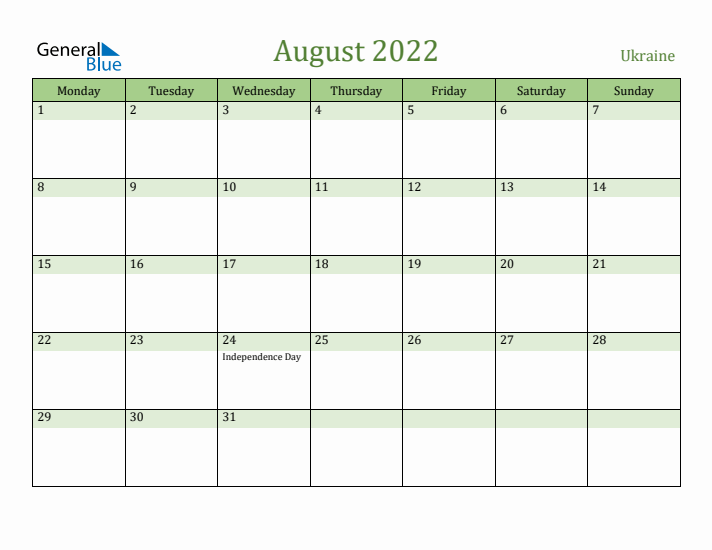 August 2022 Calendar with Ukraine Holidays