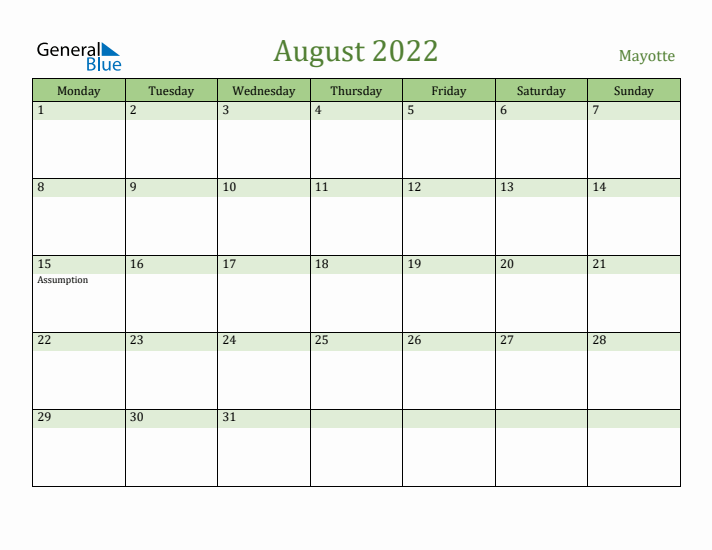 August 2022 Calendar with Mayotte Holidays