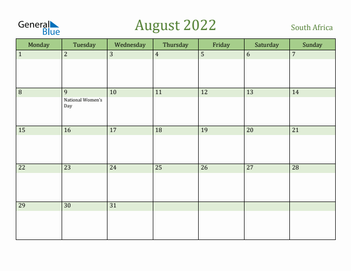 August 2022 Calendar with South Africa Holidays