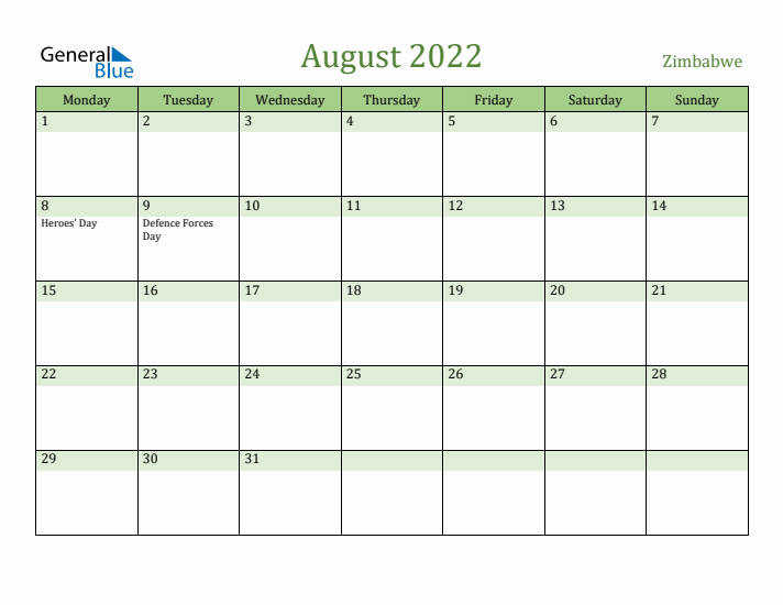 August 2022 Calendar with Zimbabwe Holidays