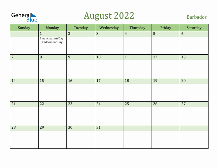 August 2022 Calendar with Barbados Holidays