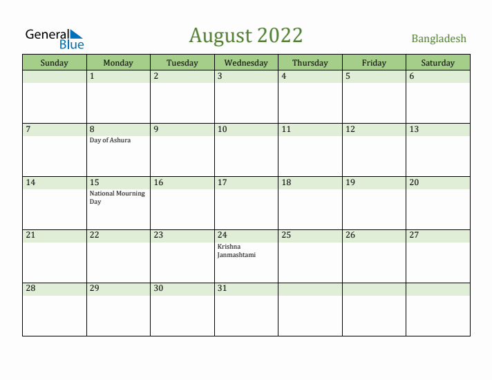 August 2022 Calendar with Bangladesh Holidays