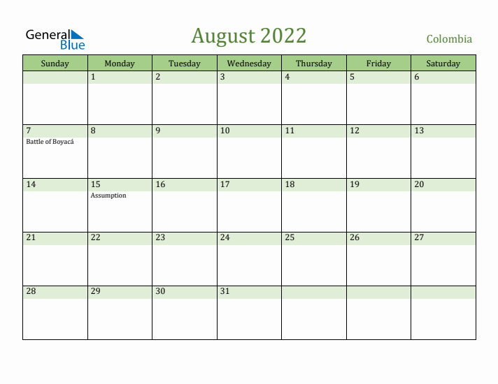 August 2022 Calendar with Colombia Holidays