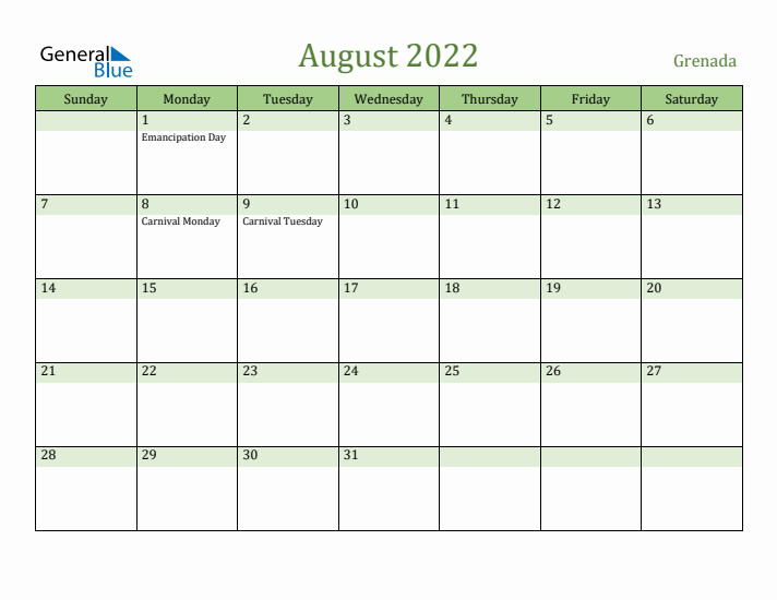 August 2022 Calendar with Grenada Holidays