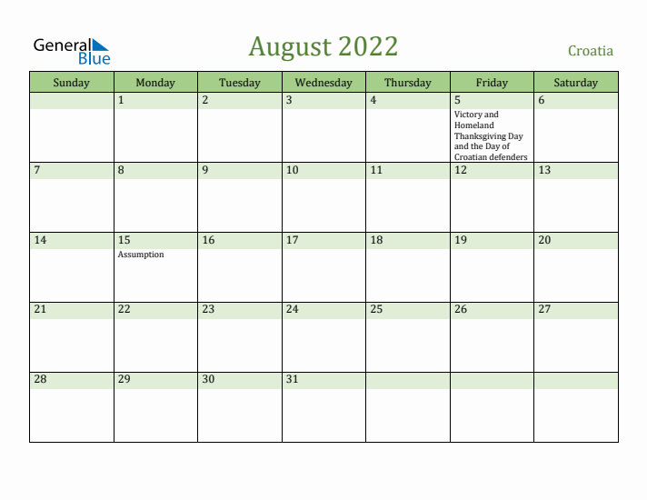 August 2022 Calendar with Croatia Holidays