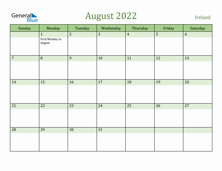 August 2022 Calendar with Ireland Holidays