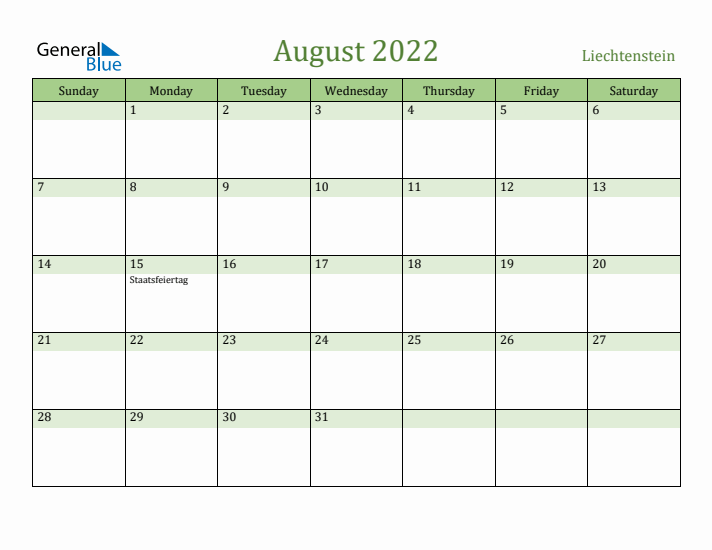 August 2022 Calendar with Liechtenstein Holidays