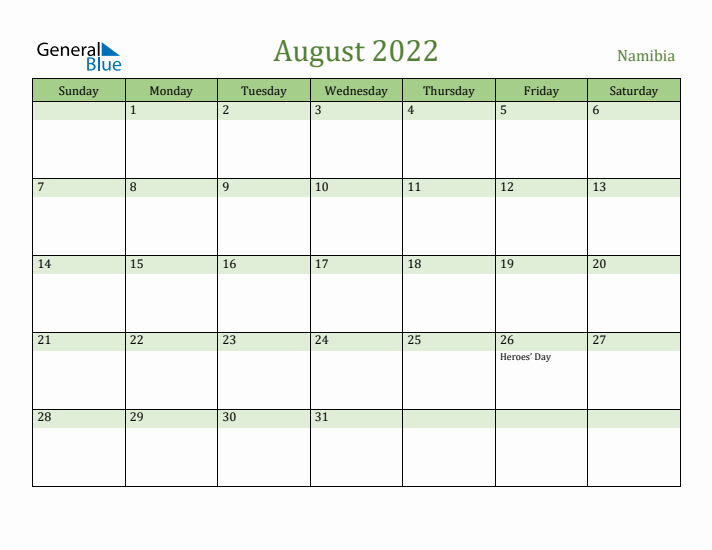August 2022 Calendar with Namibia Holidays