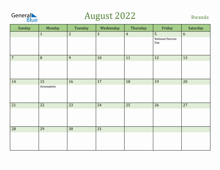 August 2022 Calendar with Rwanda Holidays