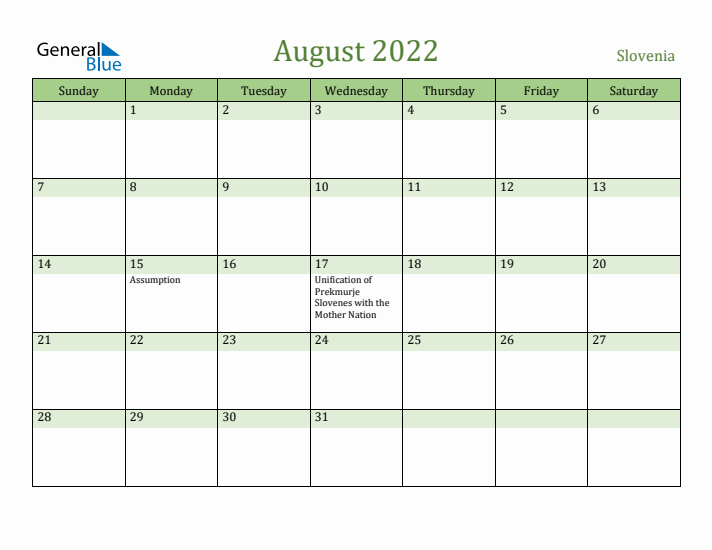 August 2022 Calendar with Slovenia Holidays