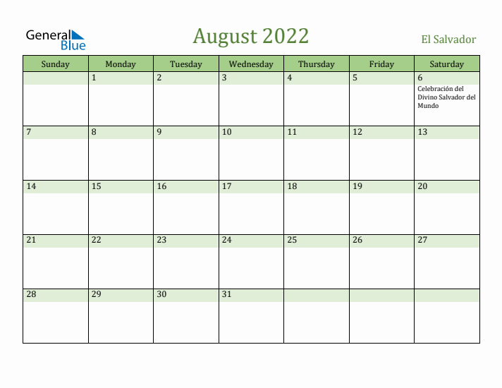 August 2022 Calendar with El Salvador Holidays