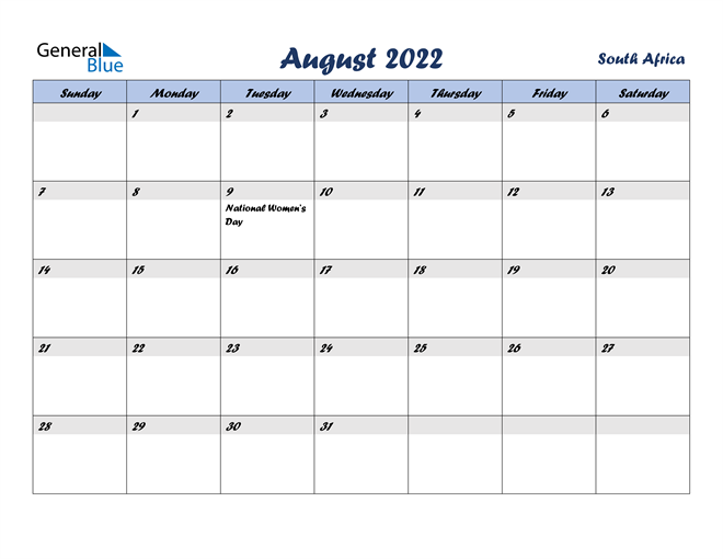 south africa august 2022 calendar with holidays
