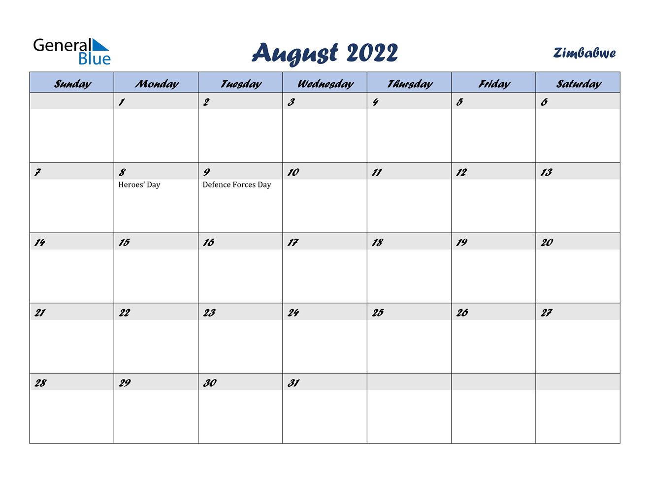 august 2022 calendar zimbabwe