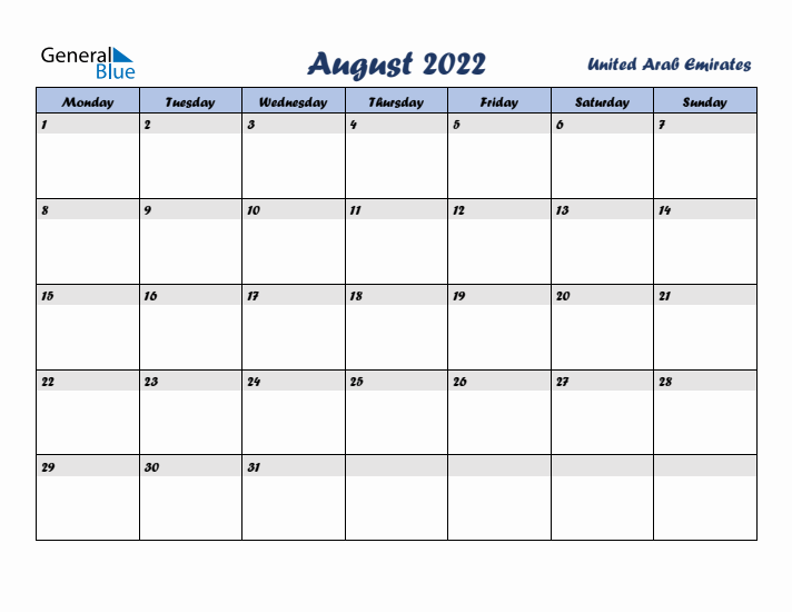 August 2022 Calendar with Holidays in United Arab Emirates