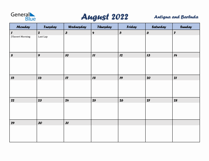 August 2022 Calendar with Holidays in Antigua and Barbuda