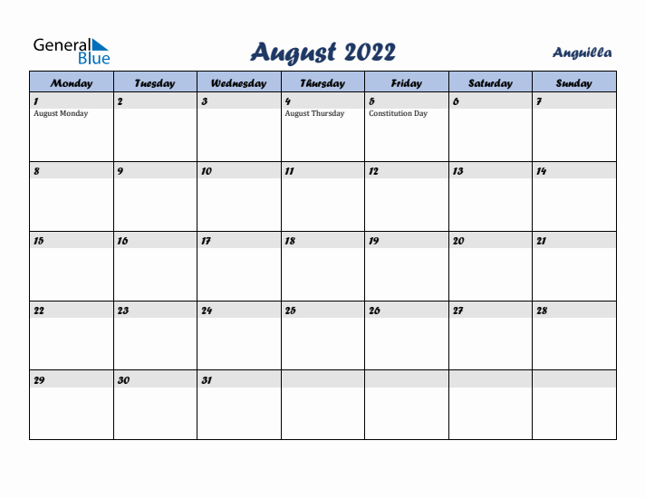August 2022 Calendar with Holidays in Anguilla