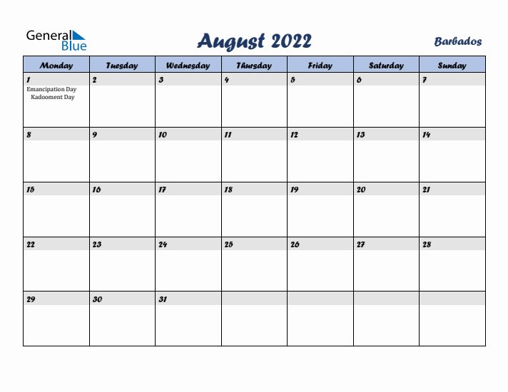 August 2022 Calendar with Holidays in Barbados
