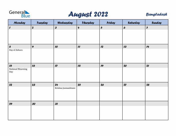 August 2022 Calendar with Holidays in Bangladesh