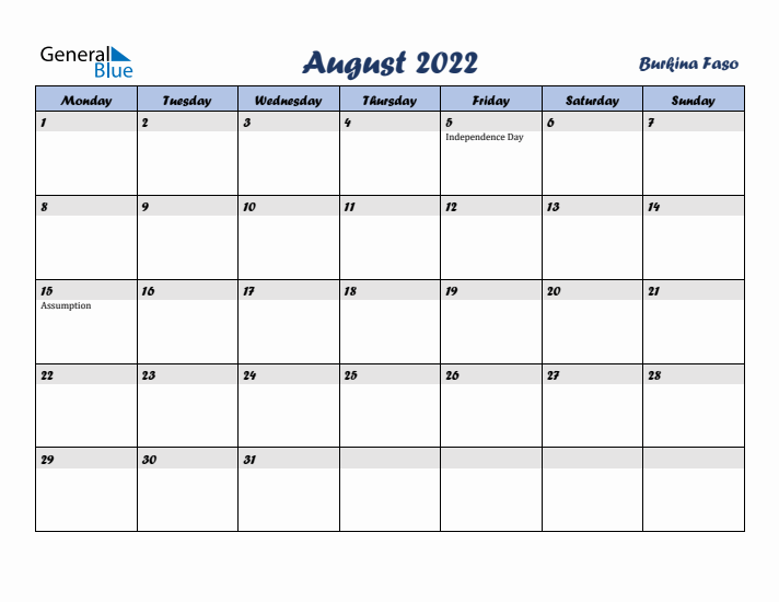 August 2022 Calendar with Holidays in Burkina Faso