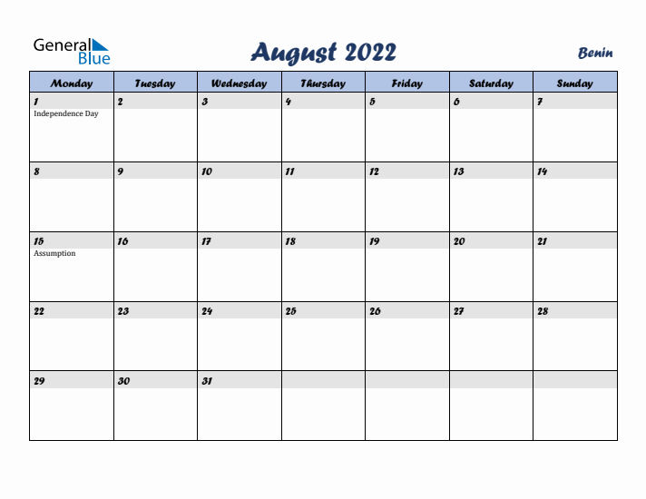 August 2022 Calendar with Holidays in Benin