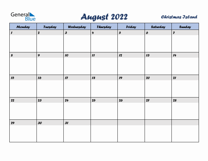 August 2022 Calendar with Holidays in Christmas Island