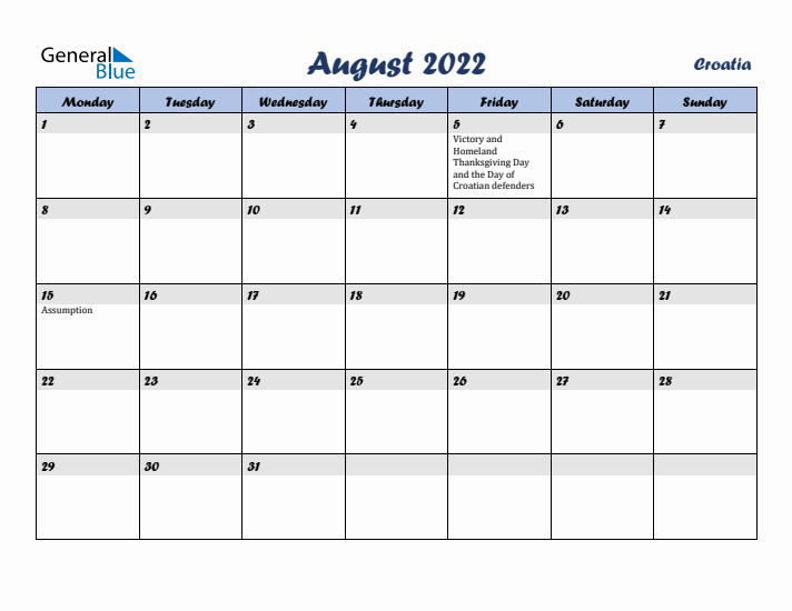 August 2022 Calendar with Holidays in Croatia