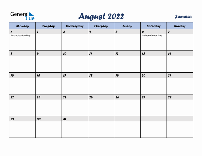 August 2022 Calendar with Holidays in Jamaica