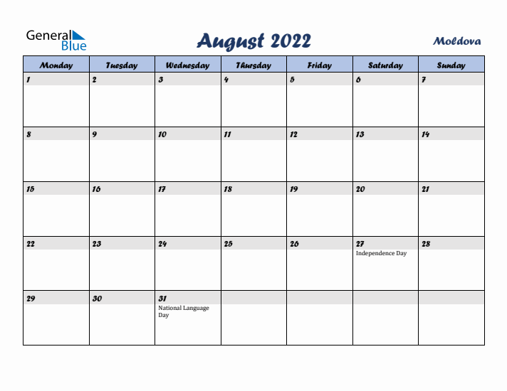 August 2022 Calendar with Holidays in Moldova