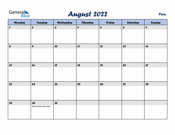August 2022 Calendar with Holidays in Peru