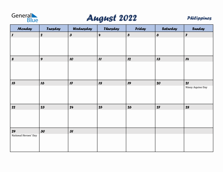 August 2022 Calendar with Holidays in Philippines