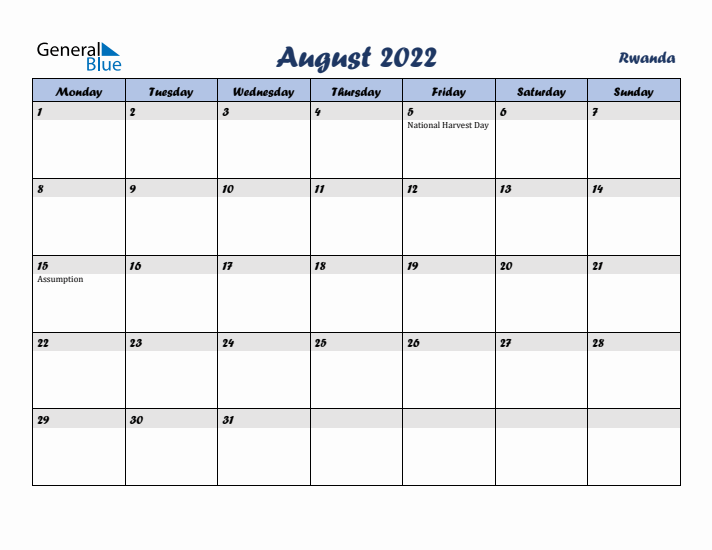 August 2022 Calendar with Holidays in Rwanda