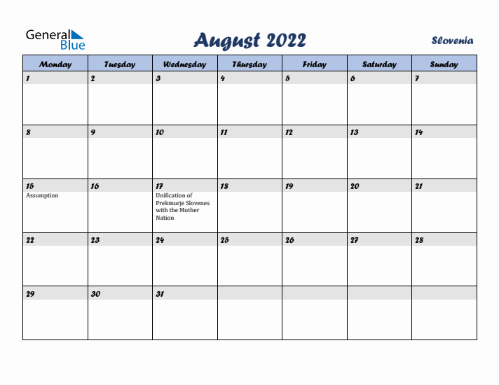 August 2022 Calendar with Holidays in Slovenia