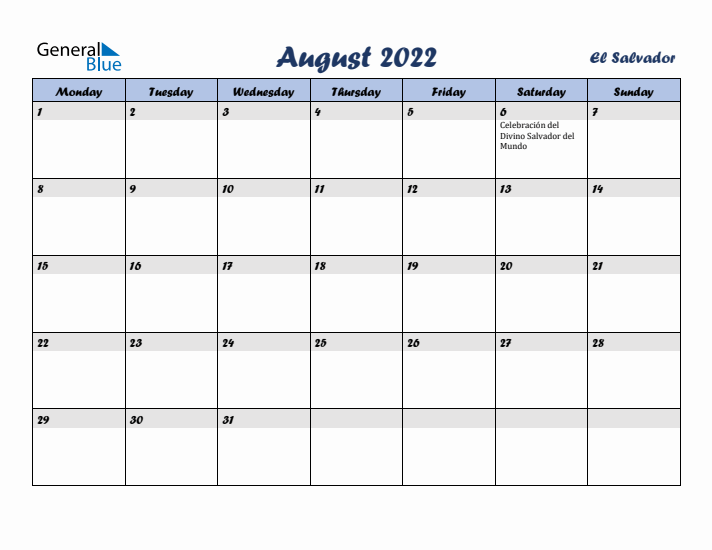August 2022 Calendar with Holidays in El Salvador