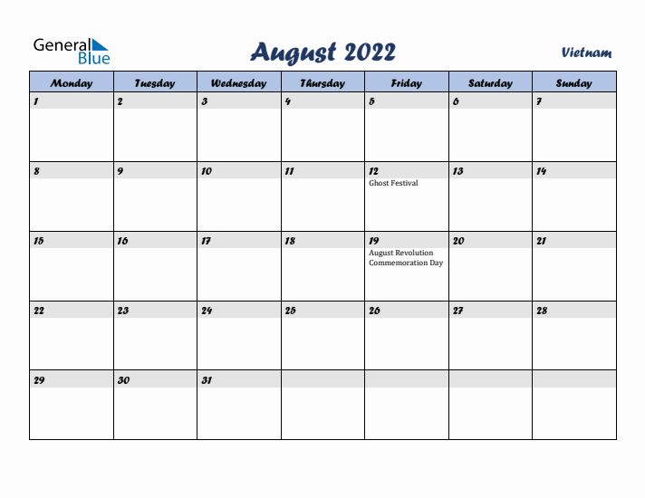 August 2022 Calendar with Holidays in Vietnam